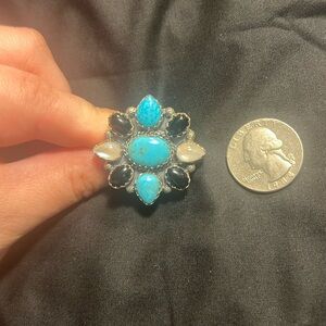 Turquoise, Black Onyx, and Pearl Adjustable Ring